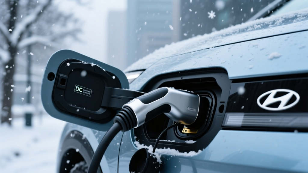 Close up of a Hyundai Ioniq 5 charging port plugged into a DC fast charger during a heavy snowstorm