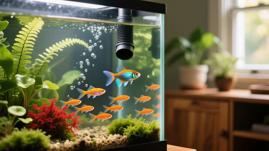Close-up of a healthy freshwater aquarium with clear water, live plants, and active fish swimming near a filter intake