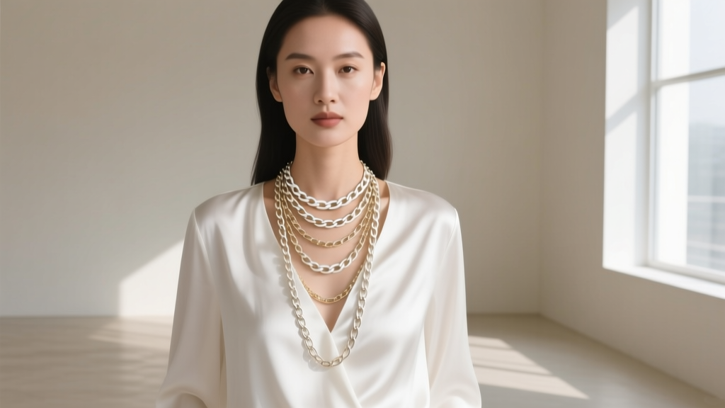 Woman wearing layered palladium white gold chain necklaces with satin finishes against a white silk blouse in natural daylight