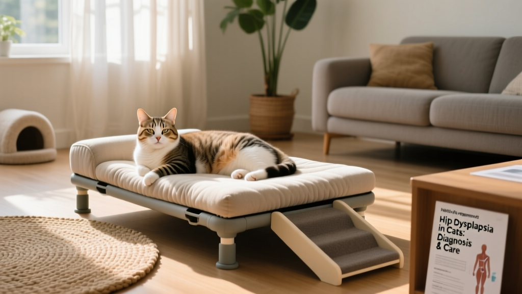 Cat resting comfortably on a supportive orthopedic bed with ramps nearby, illustrating home adaptations for mobility support