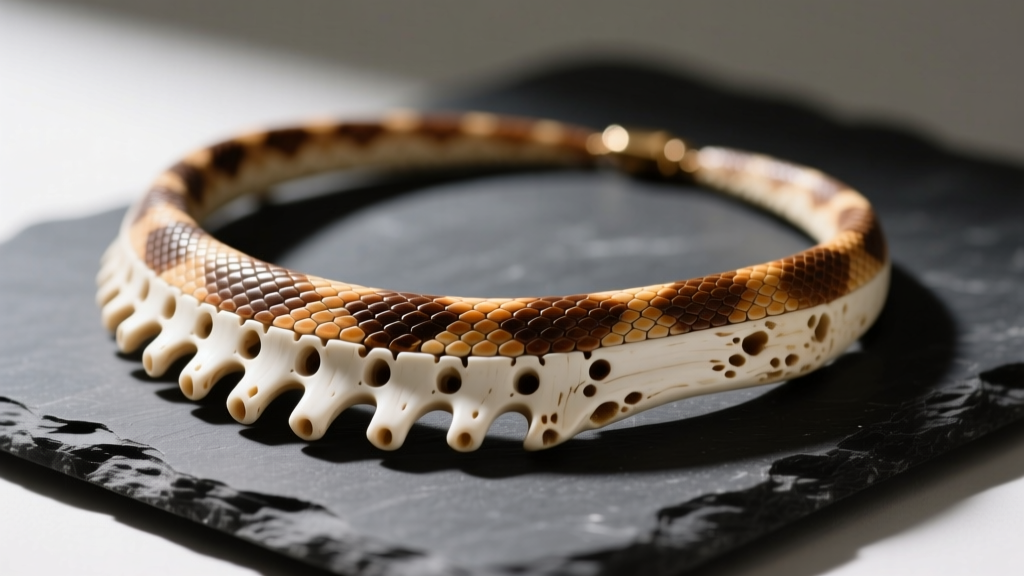 Close-up of a rustic snake vertebrae necklace resting on dark slate, highlighting the porous texture and natural bone grain
