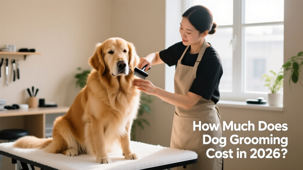 Professional groomer gently brushing a calm Golden Retriever during a full grooming session