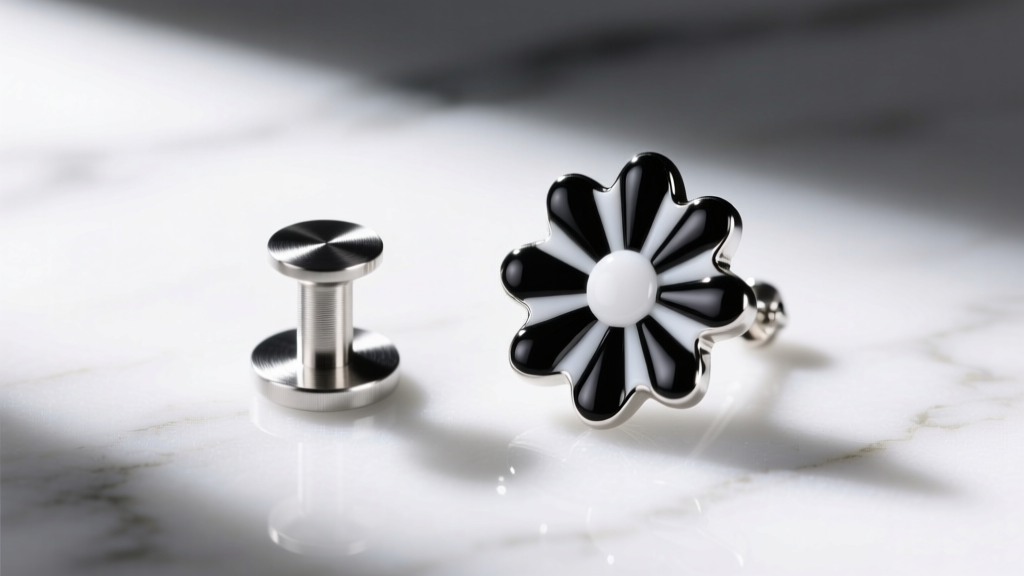 Close-up of a 20-gauge titanium post and backing next to a black and white resin daisy drop earring on a white marble surface