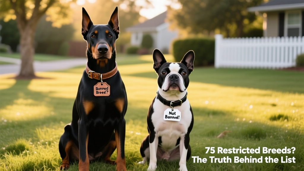 A Doberman Pinscher and a Boston Terrier sitting side-by-side on a grassy lawn, both wearing collars and looking relaxed and friendly