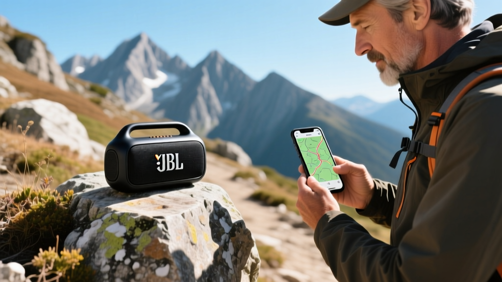 Hiker adjusting a JBL Xtreme 4 bluetooth speaker on a rocky mountain trail while checking a topographic map on a smartphone in bright sunlight