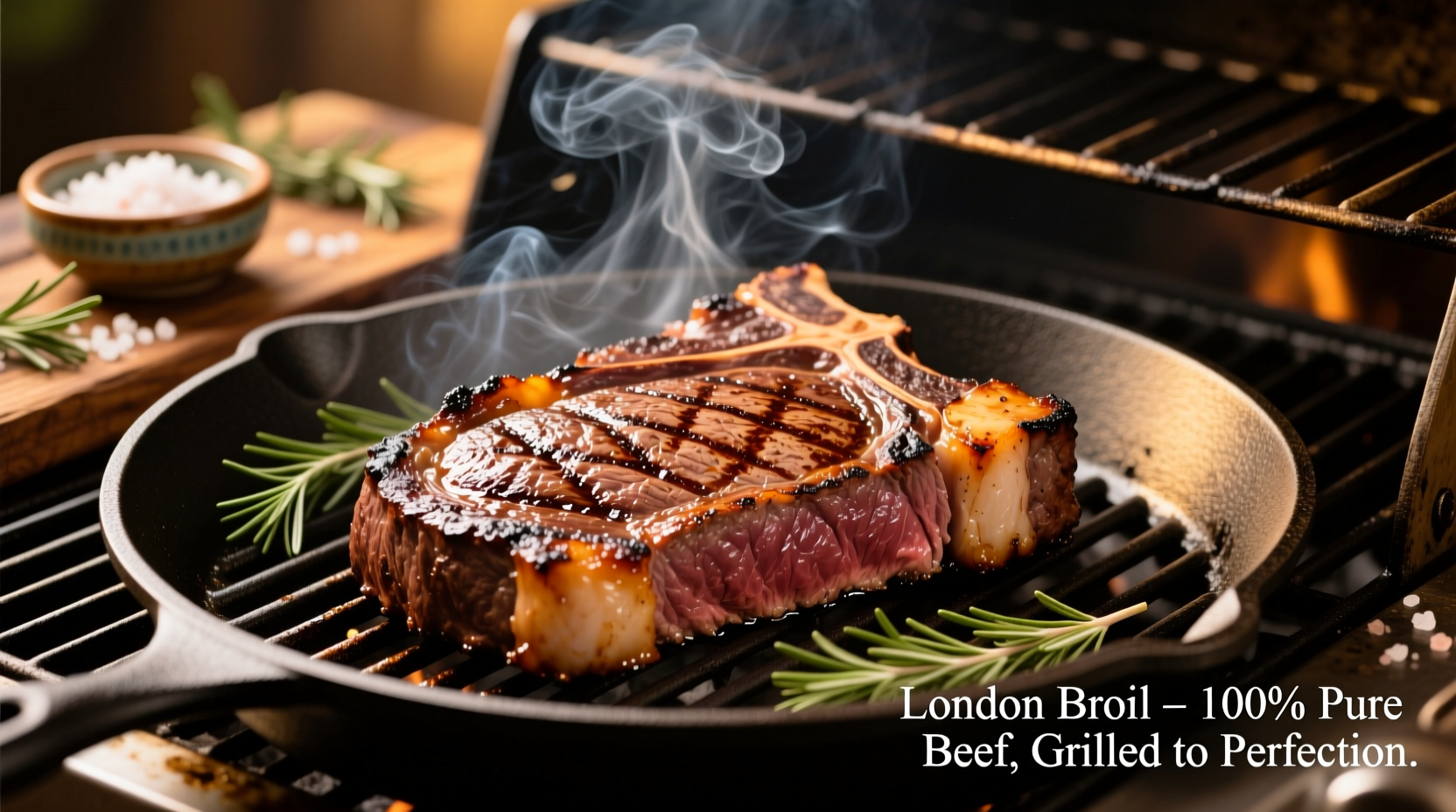 London broil steak on preheated grill