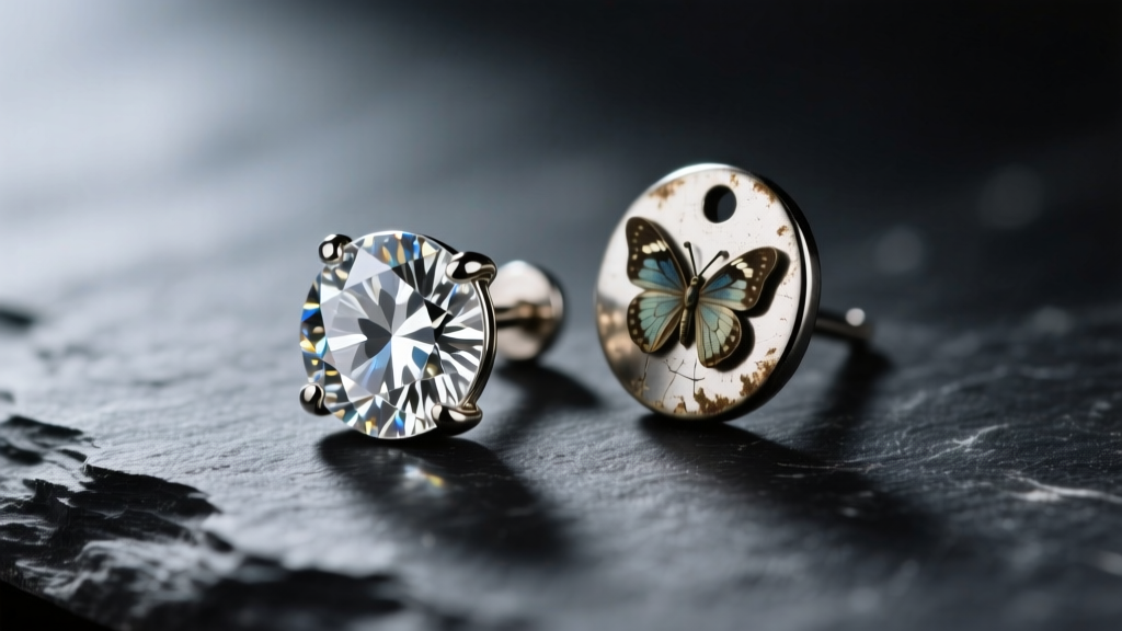 Close-up macro photography of a diamond stud earring post and a worn butterfly friction back resting on dark slate.