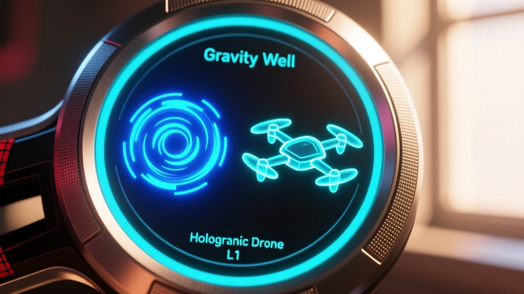 Close-up of the Spider-Man Miles Morales L1 gadget wheel UI highlighting the Gravity Well and Holographic Drone icons.