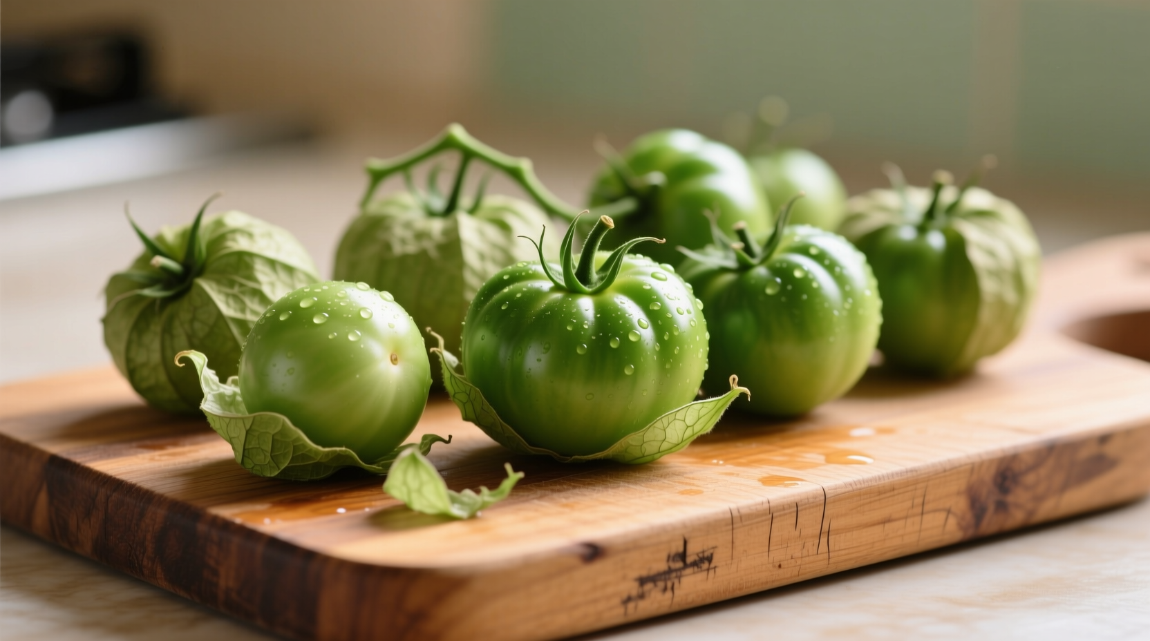 Fresh tomatillos with husks removed on cutting board