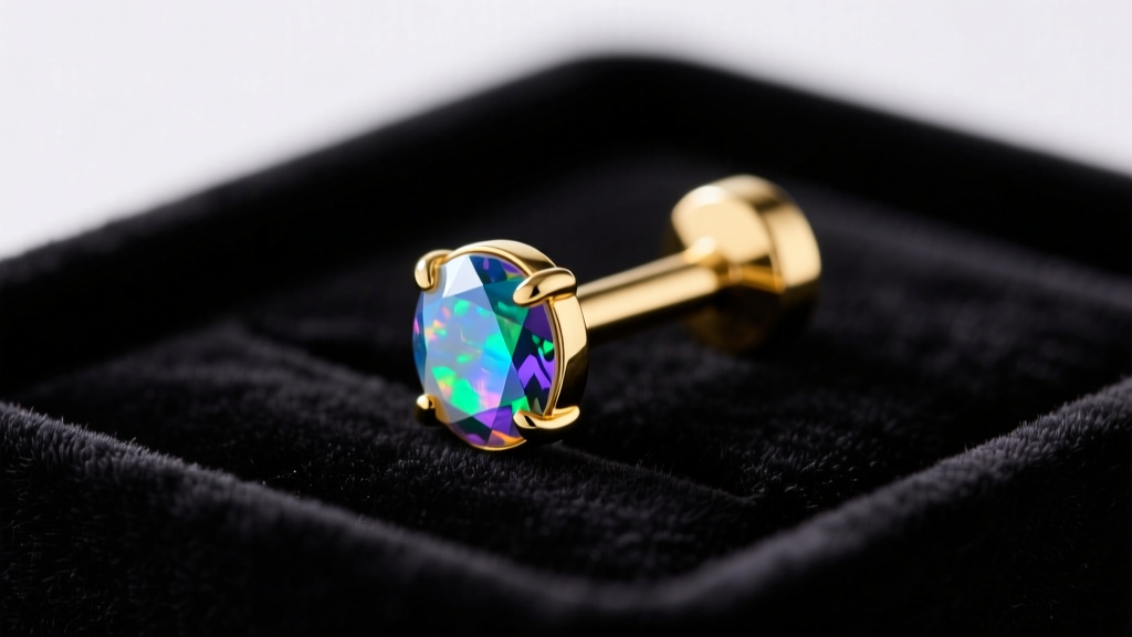 Close-up of a 14k gold Wylders threadless labret with a bezel-set opal, resting on a dark velvet tray under soft studio lighting