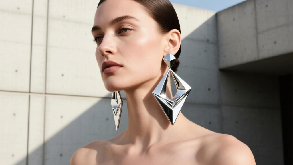 Model wearing asymmetrical Agmes sterling silver sculptural drop earrings against a minimalist concrete architectural background