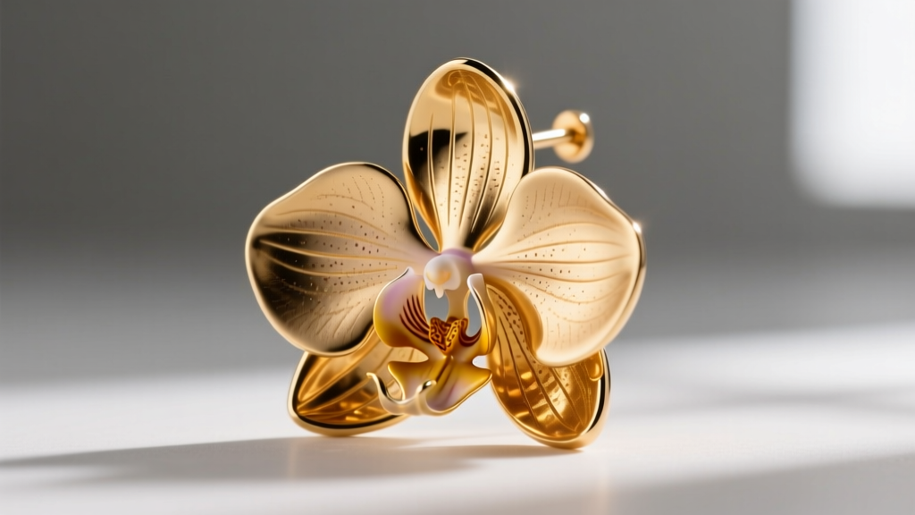 Render of a hollow electroformed gold orchid earring cross-section showing the thin 0.3mm interior wall thickness