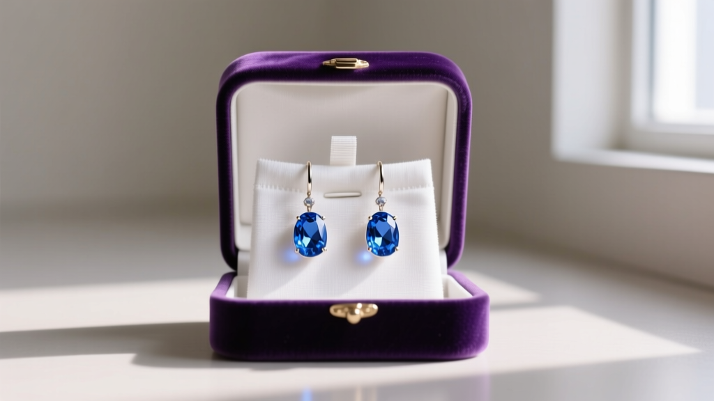 Open velvet jewelry box displaying separated blue drop earrings resting on anti-tarnish cloth strips in a climate-controlled room