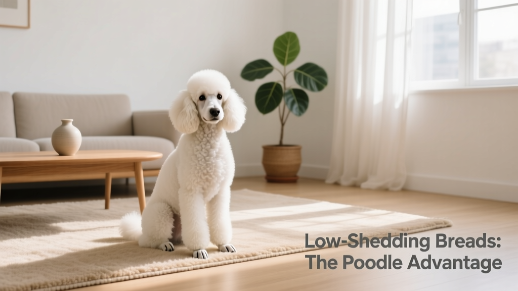 A well-groomed Poodle sitting calmly beside a tidy living room with minimal pet hair visible