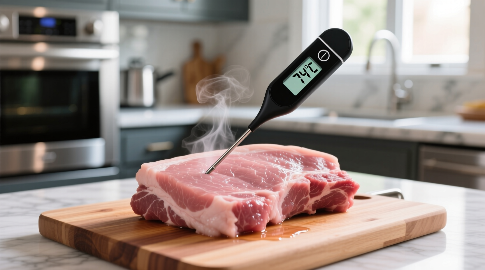 Digital thermometer measuring pork temperature in kitchen setting