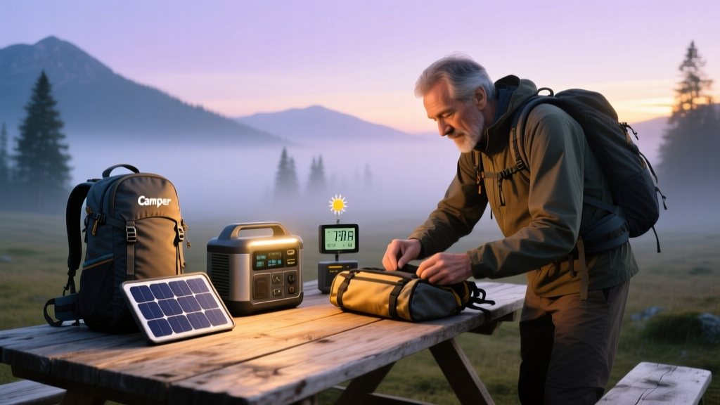 Camper organizing outdoor gear on a wooden table with a portable solar generator, satellite messenger, and weather station at dawn