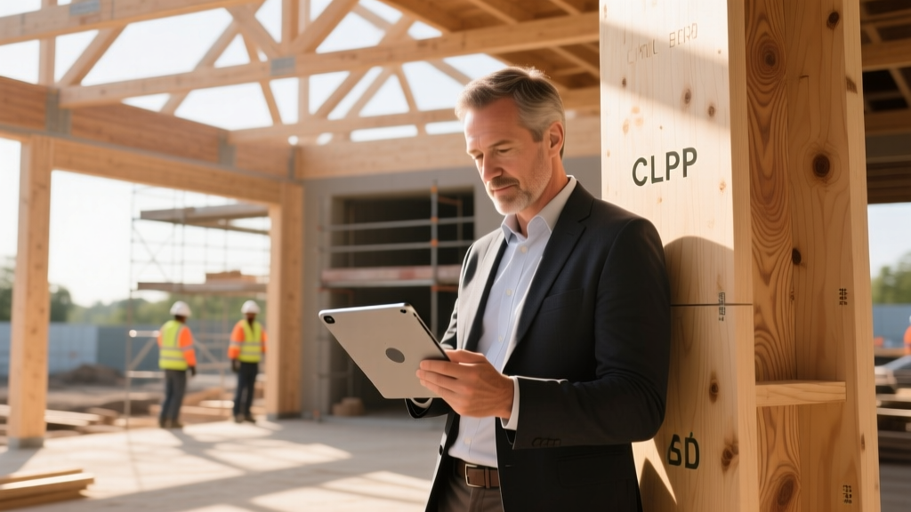 Project manager reviewing digital EPD reports on a tablet beside a partially built cross-laminated timber commercial structure
