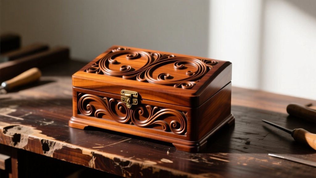 A restored 1905 mahogany Art Nouveau jewelry box with carved whiplash vine motifs on the lid, resting on a dark wooden workbench