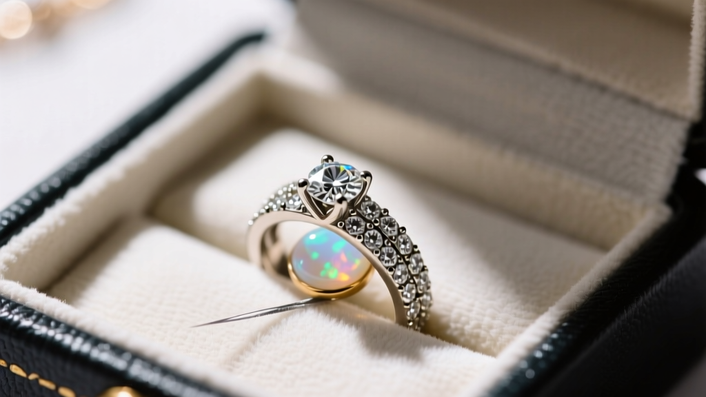 Macro shot of a diamond stacking ring scratching a soft opal ring inside a crowded, poorly designed jewelry box slot