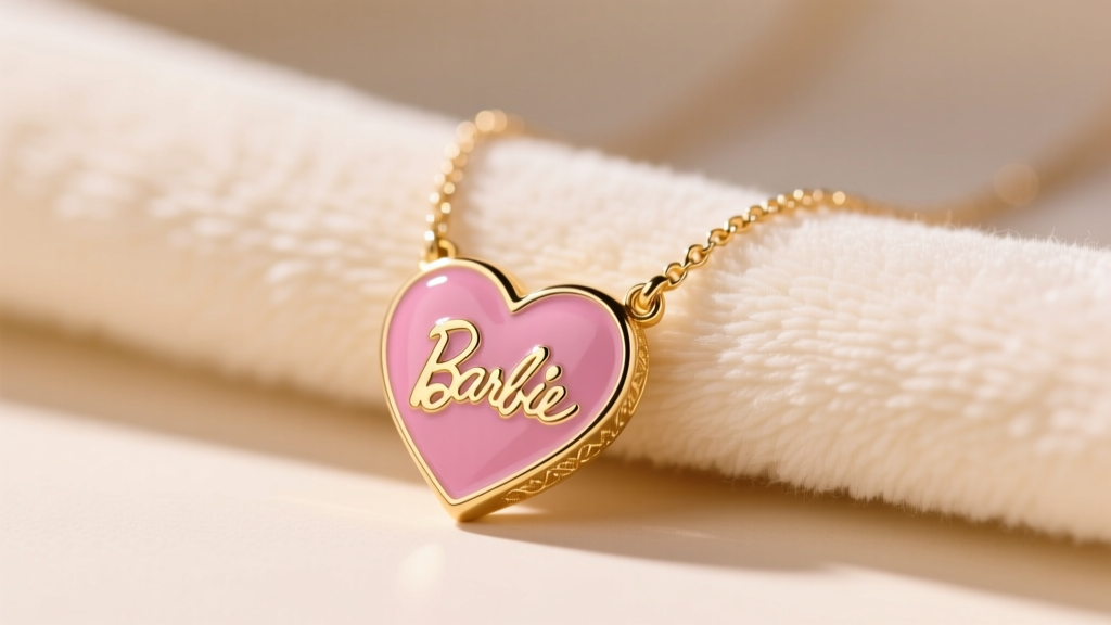 Close-up of a pink enamel and gold-plated Barbie heart necklace resting on a microfiber cloth under soft, warm studio lighting.
