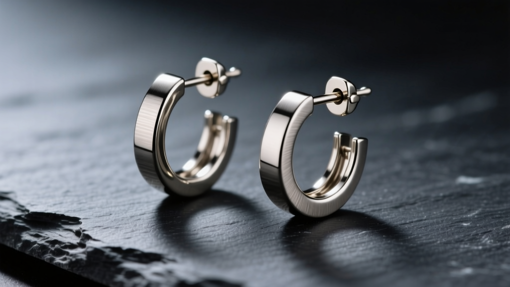 Macro shot of 25mm titanium hoop earrings on dark slate, soft light highlighting brushed metal grain and a secure hinged clasp.