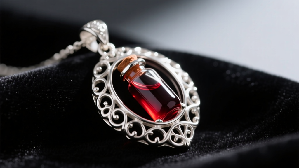 Macro shot of a sterling silver pendant holding a small glass vial with dark crimson liquid resting on black velvet fabric