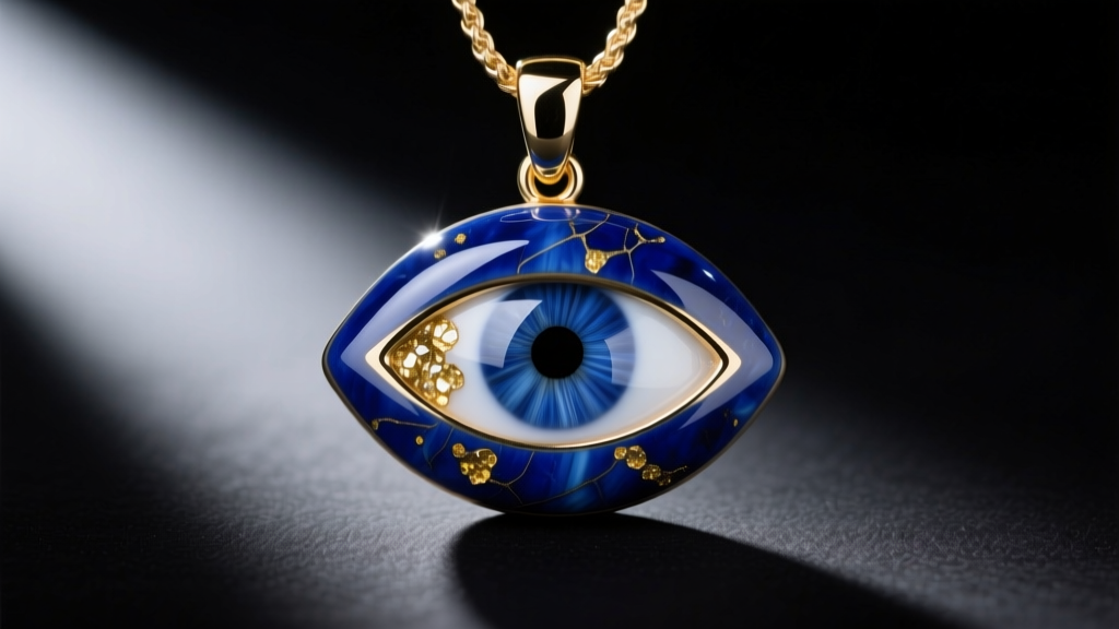 Macro shot of an evil eye pendant showing the contrast between blue vitreous enamel and a natural lapis lazuli gemstone inlay
