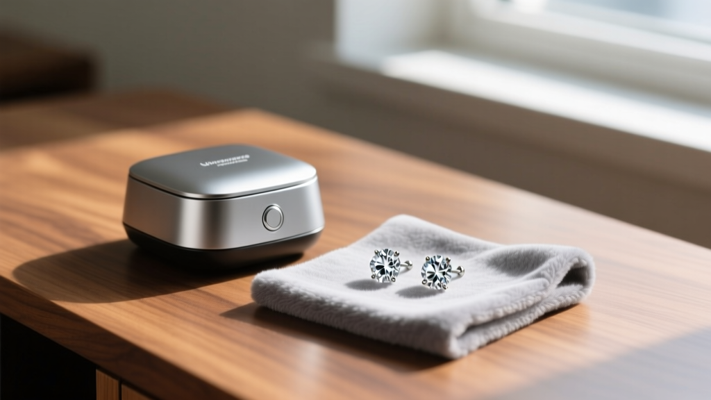 Ultrasonic jewelry cleaner next to a pair of small diamond earring studs resting on a soft gray microfiber cloth on a wooden desk.