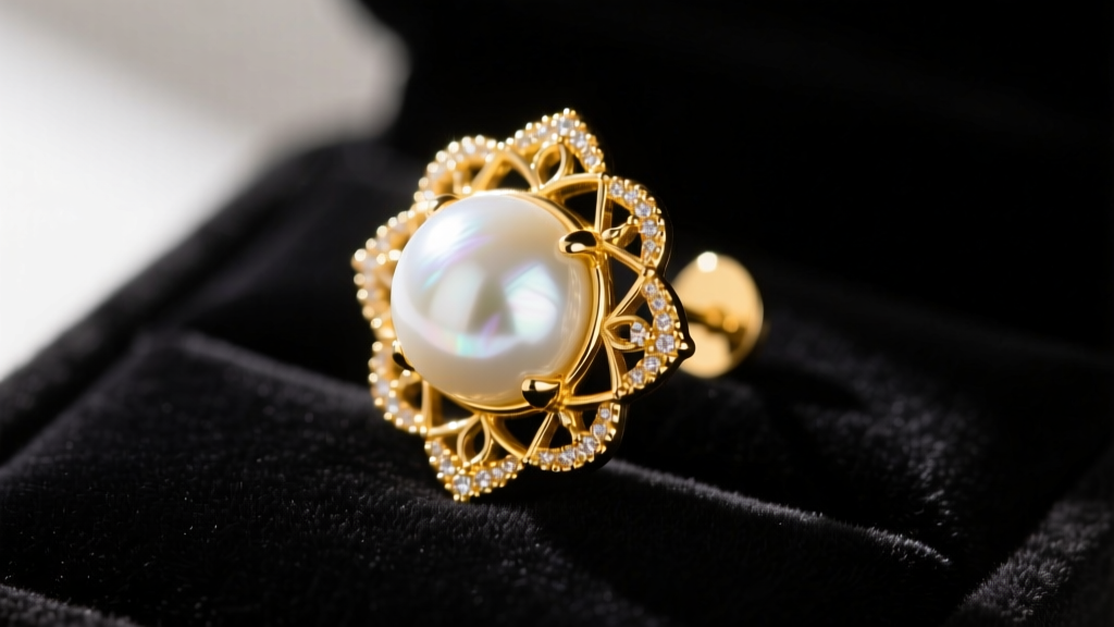 Macro shot of an 18-karat yellow gold moti earring featuring a luminous white Akoya pearl resting on a dark velvet jeweler