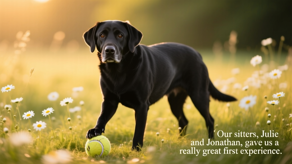 A black Labrador standing in a field of daisies, a tennis ball at its feet