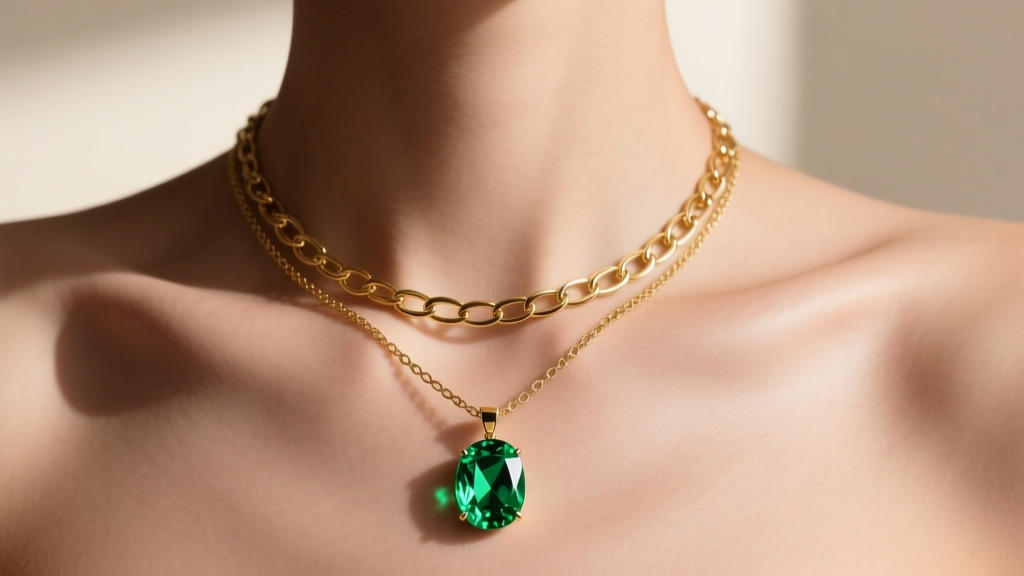 Close-up of a collarbone showing a layered 14k gold necklace with a vibrant oval tsavorite garnet pendant on an 18-inch chain.