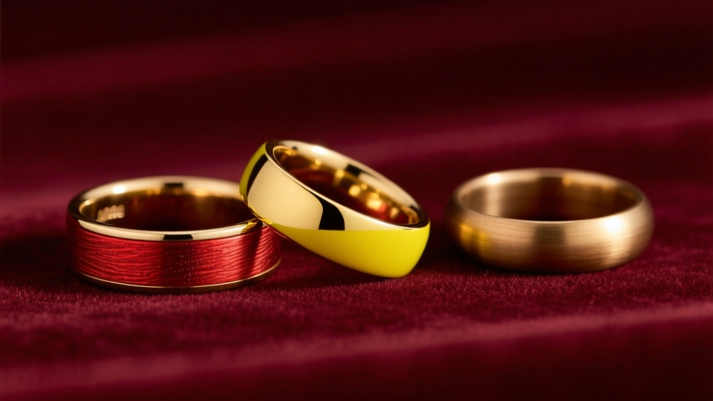 Three brass rings on velvet: red C23000, bright yellow C26000, and muted naval brass under soft, diffused studio lighting.