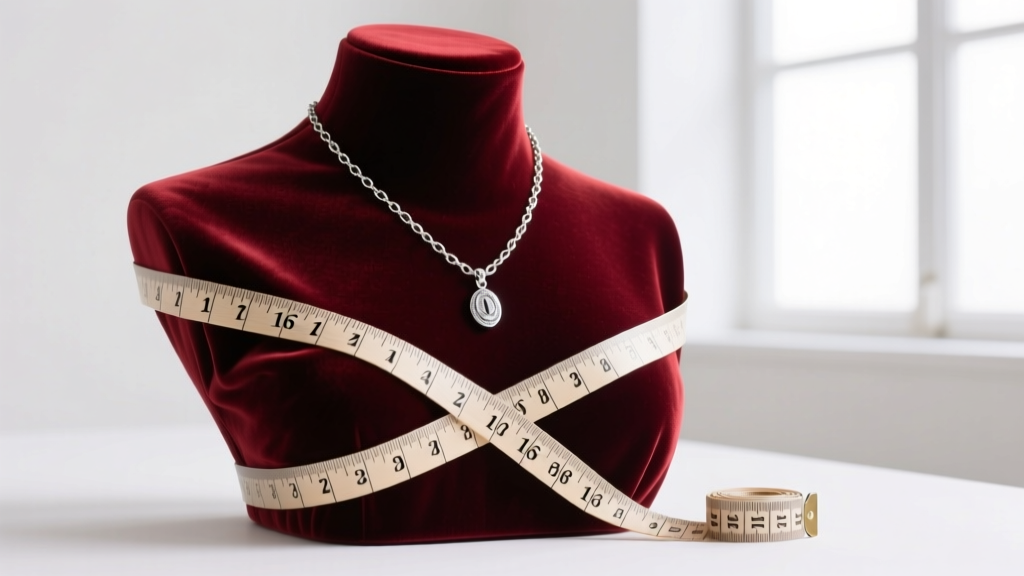 Measuring tape wrapped around a velvet bust, showing the 16-inch and 18-inch marks beside a delicate silver pendant chain.