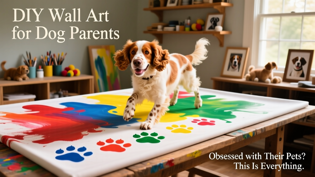 A happy Brittany Spaniel stepping across fabric covered in colorful non-toxic paint, creating paw print art