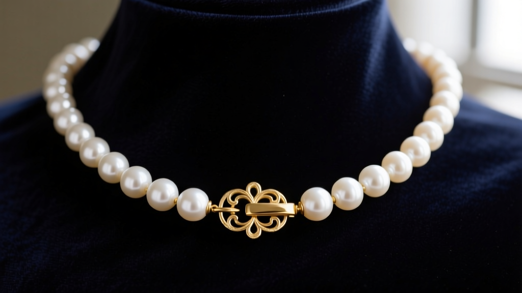 Close-up of a vintage 1960s Richelieu jewelry pearl necklace on dark velvet, highlighting the gold-plated brass fold-over clasp.