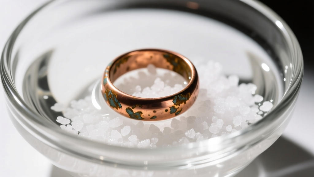 Overhead view of a tarnished copper ring in a glass bowl of white vinegar and coarse sea salt under bright studio lighting