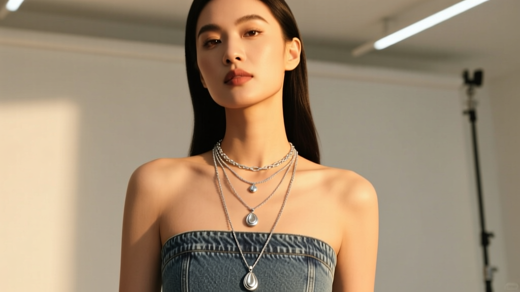 Woman wearing layered silver pendant necklaces over denim, highlighting the 18-inch and 24-inch drop lengths in warm light