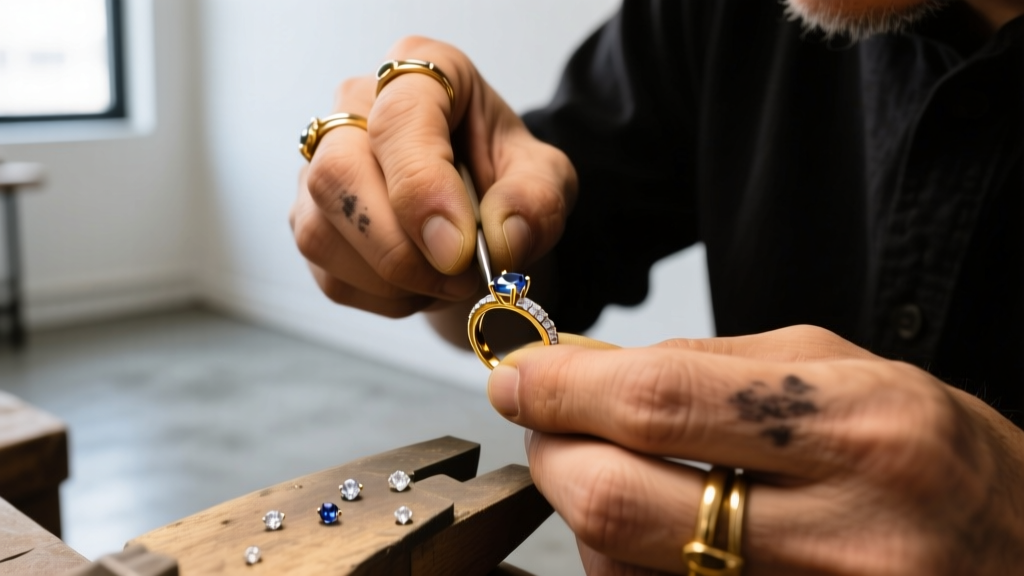 Macro photograph of a jeweler's loupe inspecting the prong and bail connection of an 18k rose gold heart pendant for porosity