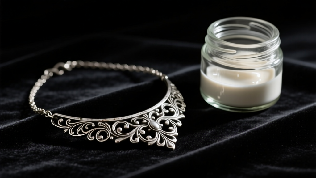 Tarnished vintage sterling silver necklace on dark velvet beside a glass jar of polishing compound under moody lighting.