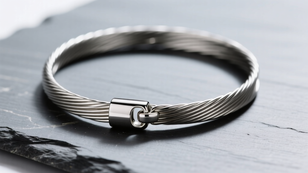 Close-up of a 14-gauge titanium choker wire necklace on slate, showing the seamless tension clasp and polished metal.
