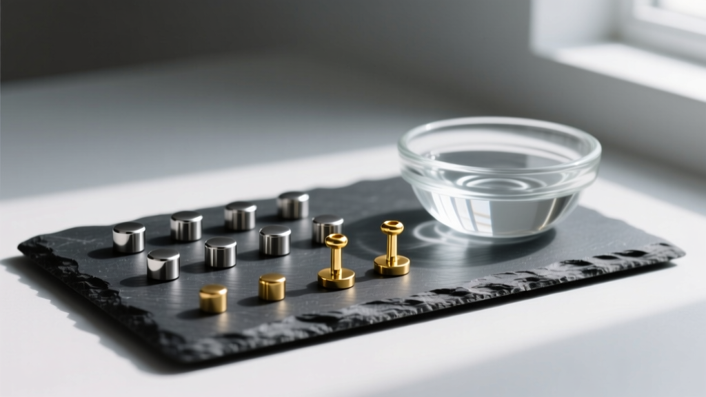 Titanium flat-back studs and gold septum clickers resting on a dark slate mat beside a small glass bowl of sterile saline solution.