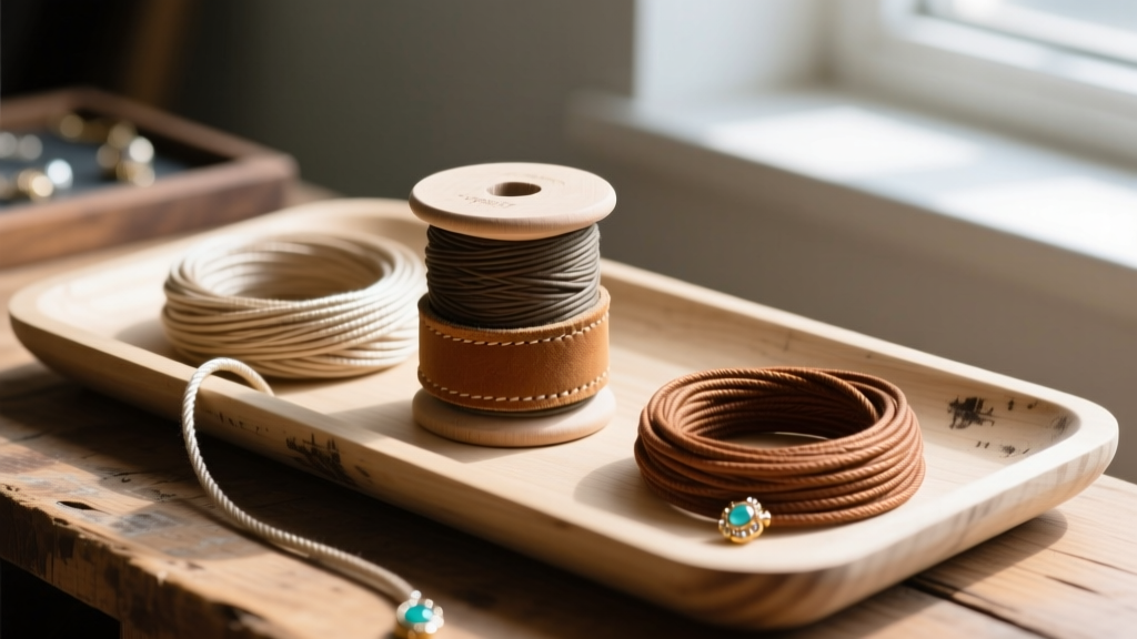 Spools of various jewelry cords including waxed cotton, suede leather, and nylon S-Lon arranged on a wooden jeweler