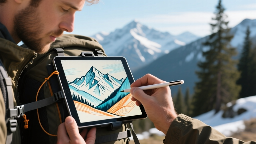 Close-up of a digital artist using a tethered stylus on a rugged tablet mounted to a hiking backpack, capturing a mountain landscape sketch.
