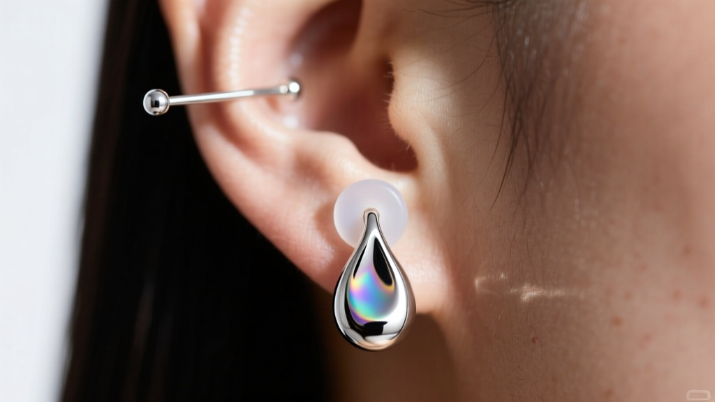 Close-up of an 18-gauge sterling silver post with a silicone support disc holding a heavy molten drop earring on an earlobe.