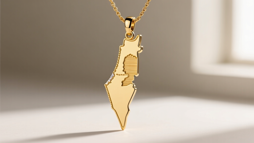 Macro shot of a 14k solid gold Palestine map necklace showing brushed finish on coastal edges and a secure 12mm lobster clasp.