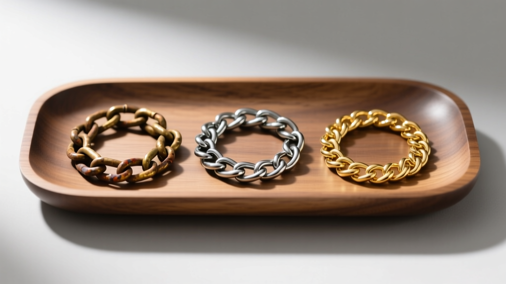 Wooden tray with three chains: one tarnished brass, one PVD steel, and one solid gold, shot under bright studio lighting.