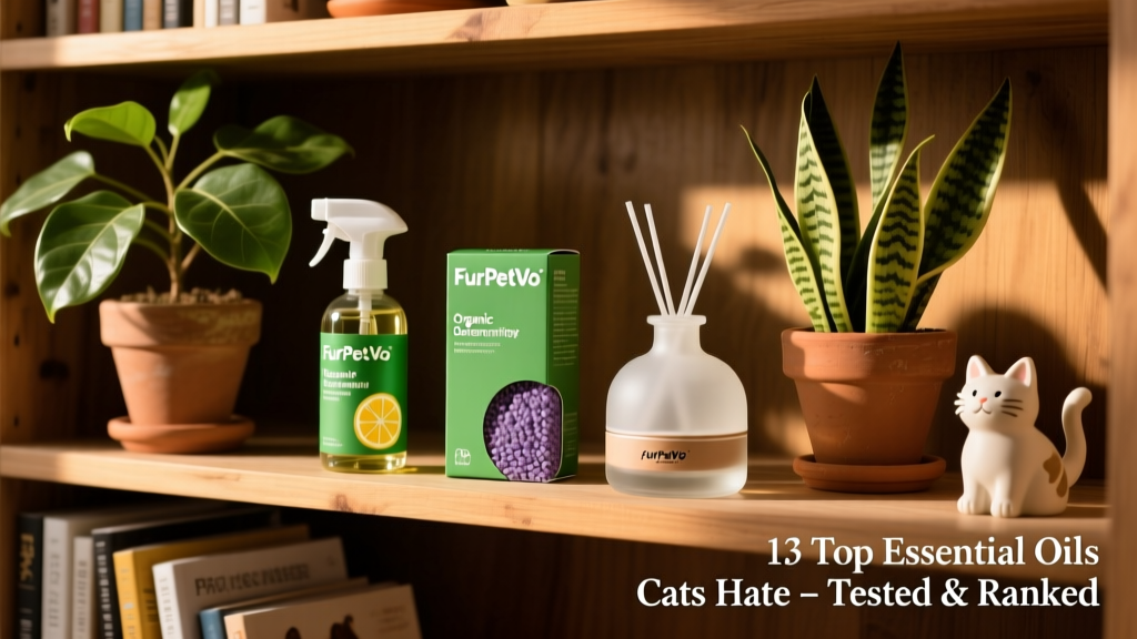 A shelf displaying several FurPetVo cat deterrent products—sprays, granules, and a ready-to-use diffuser—arranged neatly with greenery
