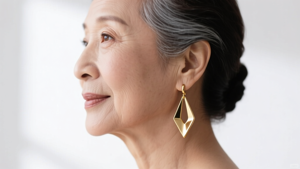 Mature woman in her 50s wearing lightweight 18-gauge gold geometric drop earrings, soft natural lighting, elegant profile view.