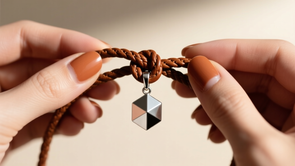 Close-up of hands tying a sliding square macrame knot on a brown leather necklace rope to adjust a small silver geometric pendant