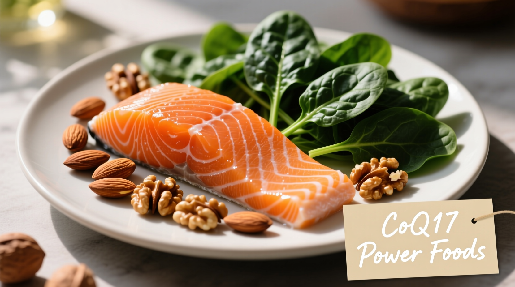 Colorful plate of CoQ10 rich foods including salmon, nuts, and spinach